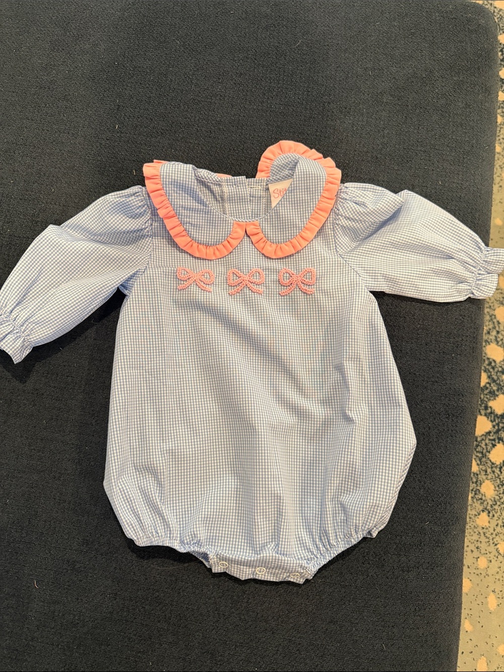Stitchy Fish Blue Gingham Baby Bubble Romper with Pink Bow detail